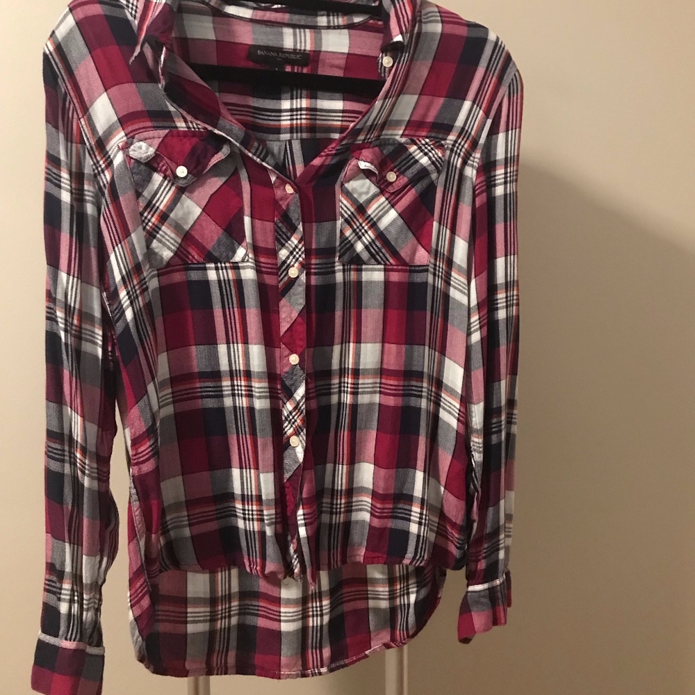 Pink plaid button down shirt - petite